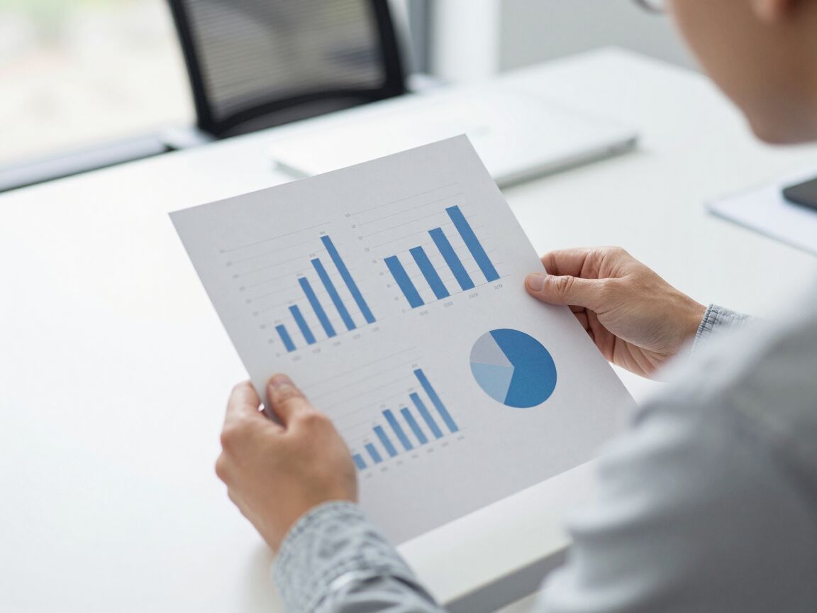A business owner reviewing documents and charts