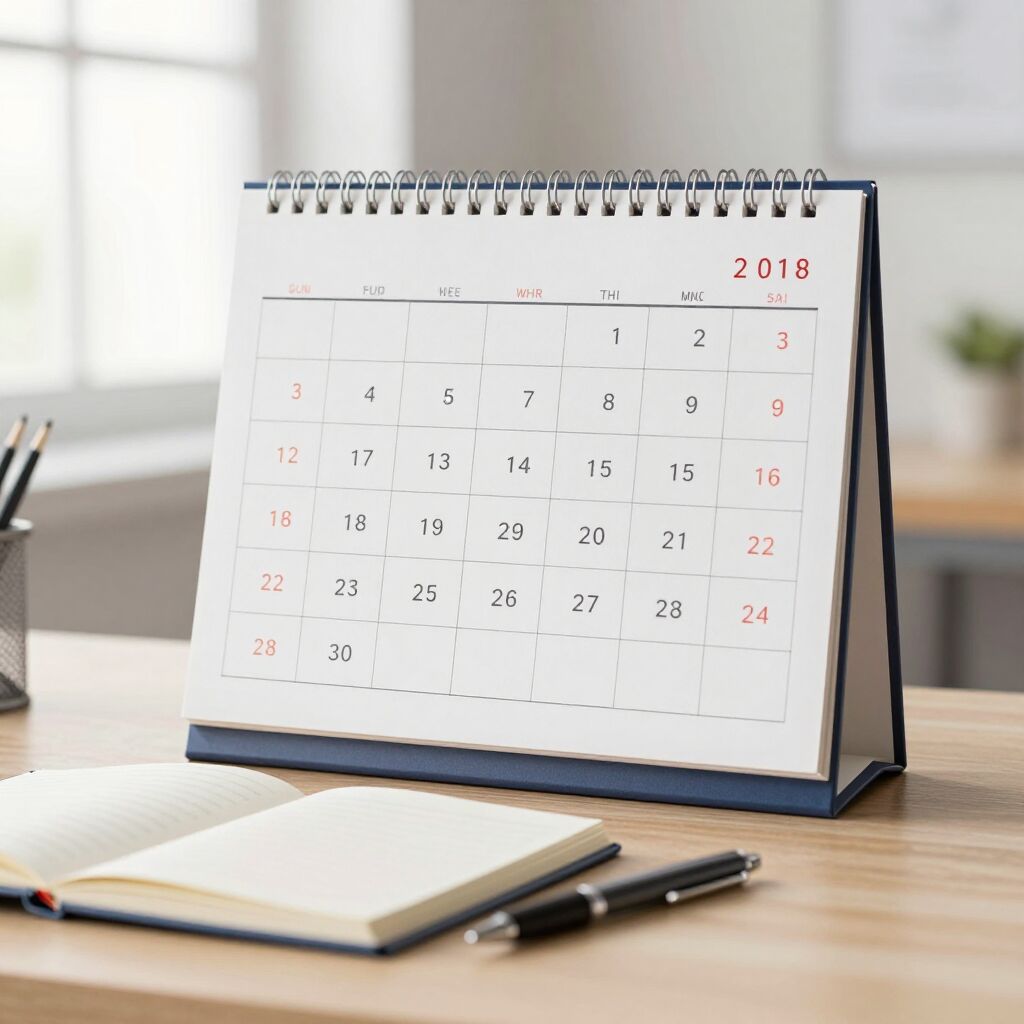 A tidy desk with a calendar and pen