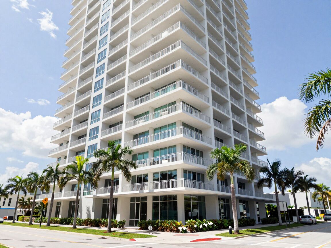 A modern Florida condominium tower viewed from the street