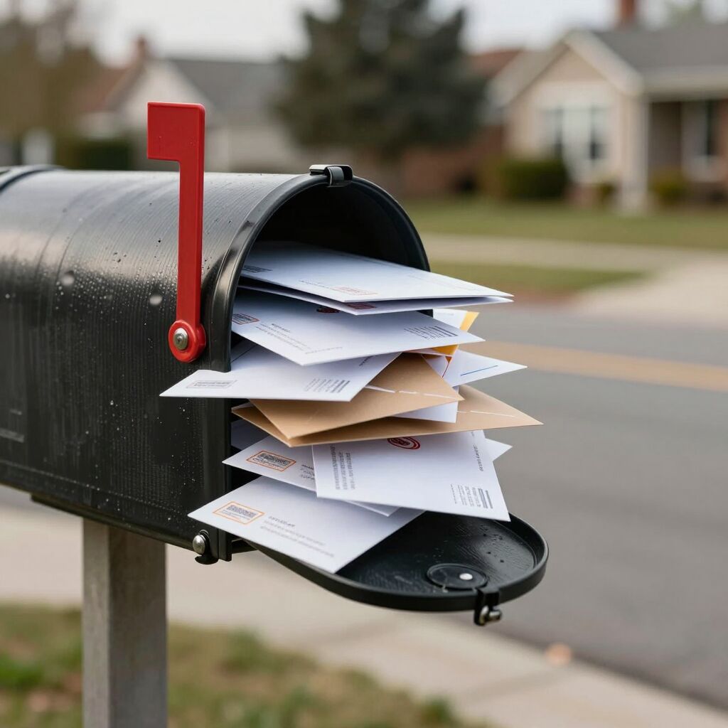 An overflowing residential mailbox stuffed with envelopes