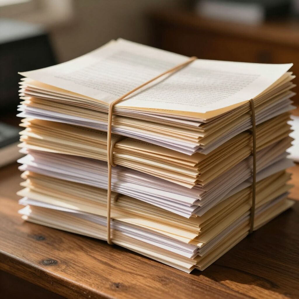 Stacks of paperwork bound with rubber bands