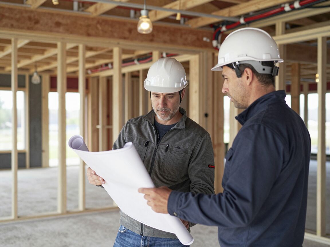 Construction workers reviewing plans at a commercial buildout