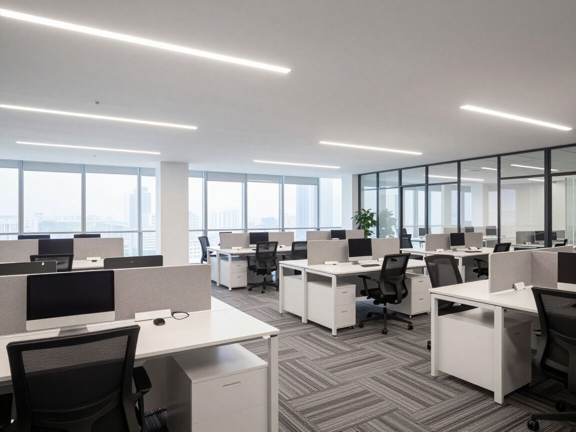 A modern office with desks and glass walls