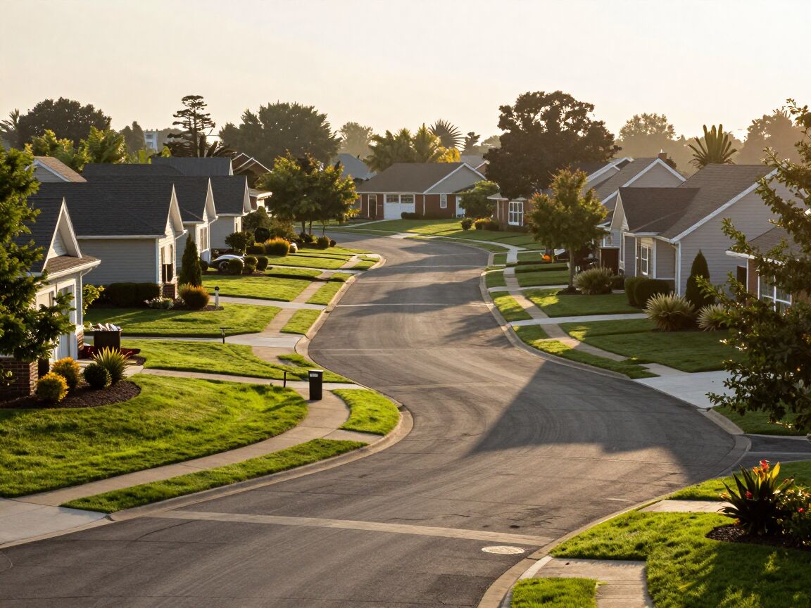 A quiet residential neighborhood at sunset