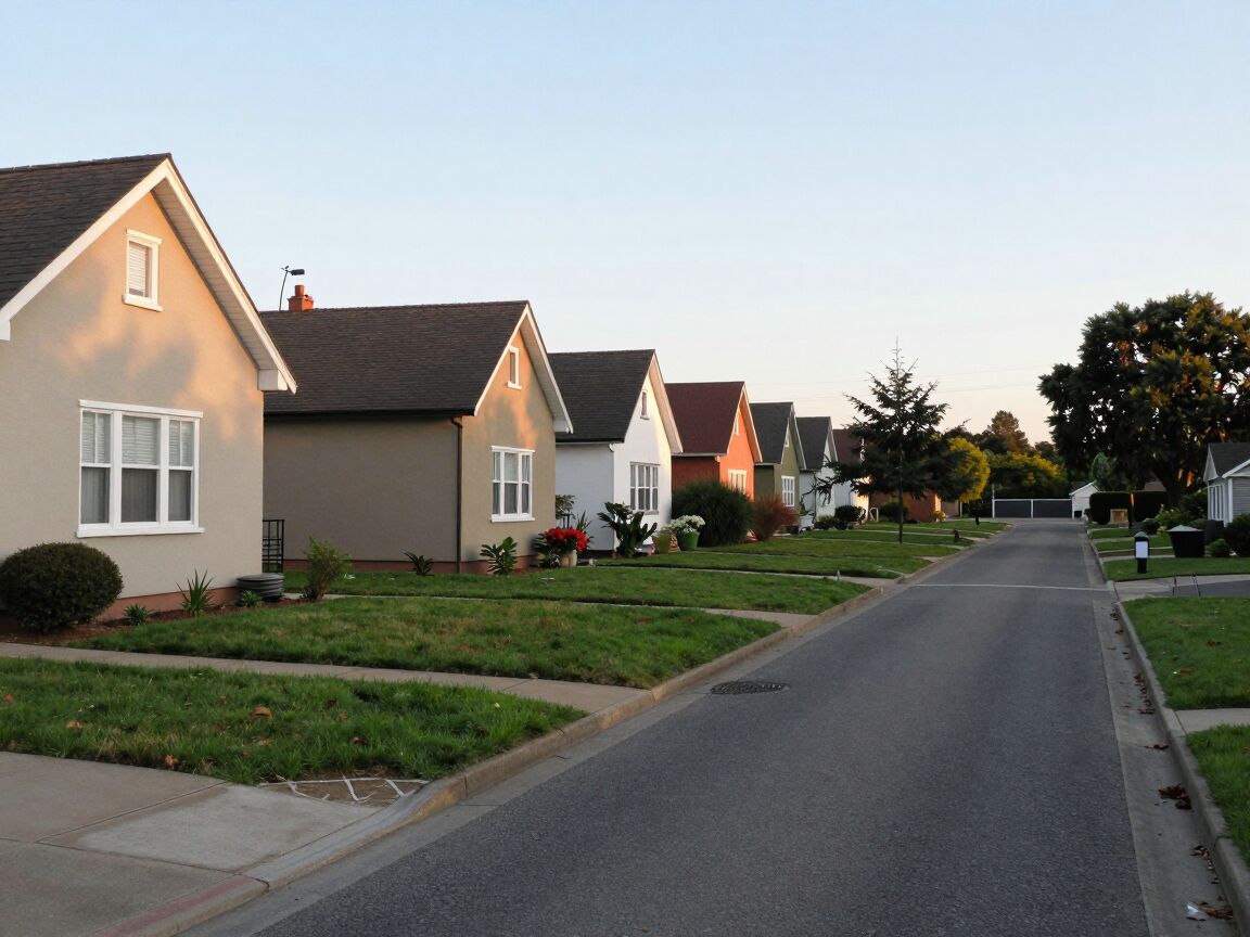 A quiet residential street lined with houses